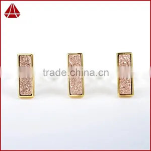 18k Yellow Gold-plated Base Metal Band Ring With Long Rectangle Rose Gold Druzy Stone thumbnail-6