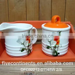Chinese Ink Decal Ceramic Creamer Mug and Sugar Bowl Set With Wooden Stand thumbnail-1