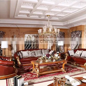 Luxurious French Rococo Brown Leather Wooden Hand Carved Living Room Sofa, Italian Palace Furniture(MOQ=1 SET) thumbnail-1