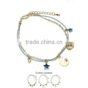 Star Moon Planet Tiny Rhinestone Charms Bracelet Double Layer Cotton Cord Gold Chain Bracelet thumbnail-1