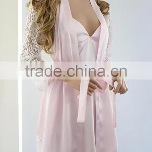 Black Satin Robes 100% Polyester Charmeuse Satin Sexy Robe and Camisole Set Bridesmaid Robes Lace thumbnail-3
