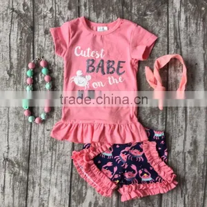 Baby Girls Shorts Sets Boutique Outfit Coral Cutest Babe on the Beach Crab Summer Cotton Clothes Macth With Necklace and Bow thumbnail-1