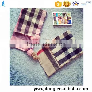 Classic Jacquard Cashmere Checked Plaid Acrylic Long Pompom Plush Ball Scarf thumbnail-1