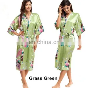 Women's Peacock Print Half Sleeve Silk Kimono Bridesmaid Long Robe Nightgown thumbnail-3