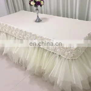 TC121D New Design 8ft Rectangle Rosette Ruffled Curly Willow Table Skirt thumbnail-1