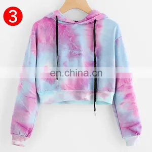 Purple Tie Dye Printing Short Hoodies Sweatshirt Women Casual Drawstring Thin Pullover Autumn Female Girl Long Sleeve Tops thumbnail-1