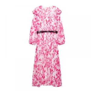 Spring and Summer New European and American Style Women's Fashionable Temperament Long Sleeved Dress With Belt and Printed Dress thumbnail-1