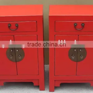 Chinese Antique Red Wooden Small Pair of Bedside Cabinet thumbnail-1