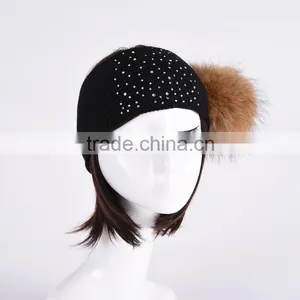 Girls Cotton Knitted Head Band With Beads Raccoon Fur Ball Heaad Band KZ160089 thumbnail-2