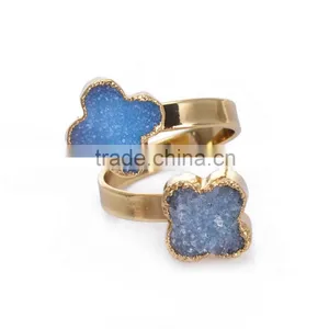 50pcs Wholesale Light Blue Rings New Arrival Four Leaf Clover Ring Doule Ring Raw Stone Rings Gemstone Adjustable Rings thumbnail-1