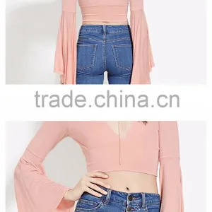 Custom Top Trumpet Sleeves Slim Fit Deep V Plain Crop Top for Women thumbnail-3