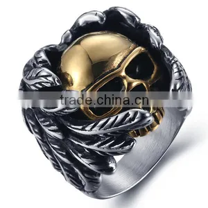 Gold Silver Vintage Gothic Wing Biker Surgical Stainless Steel Skull Ring for Man thumbnail-3