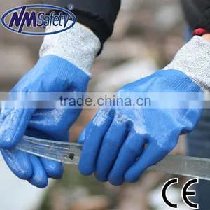 NMSAFETY Safety Gloves Anti Oil Nylon HPPE Liner Full Coated Blue Nitrile Gloves Anti Cut thumbnail-1