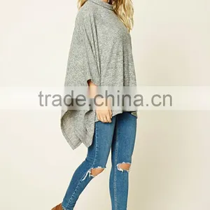 High Quality Custom Comfortable Girls Women Soft Knit Mock High Neck Poncho Pullover Draped Cape Flare Sleeves Blouses Tops thumbnail-4