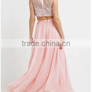 2017 Fashion Long Maxi Dresses Sleeveless Two Piece Set Long Skirts and Beaded Tops for Girls Party Wear Dress thumbnail-3