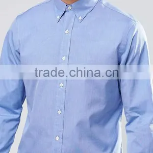 Guangzhou High Quality Custom Long Sleeve Spread Collar Mens 100% Cotton Poplin Casual Slim Fit Blue Solid Shirts thumbnail-3