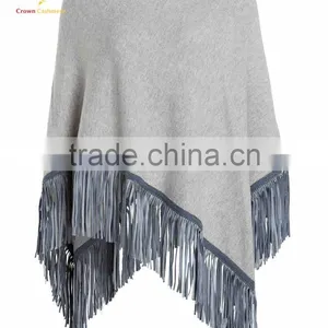 Solid Color Pure Cashmere Poncho Shawl With Tassel thumbnail-1