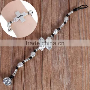 Wax Rope Hand Made Beaded Bracelets Antique Silver Black Cross Round 21cm Long thumbnail-3
