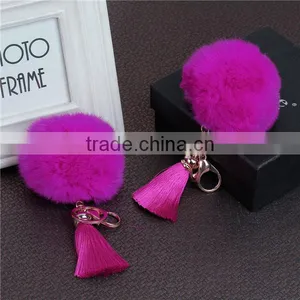 Fashion Keychain Gold Plated Fuchsia Angora Pom Pom Ball Rayon Tassel Key Chain thumbnail-3