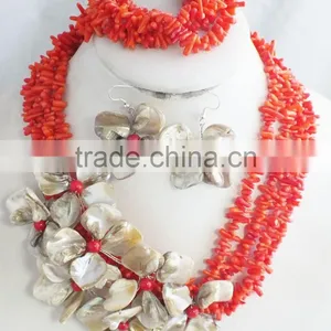 Free Shipping!!! Red Coral and Shell Flower Jewelry Set With Necklace Earrings and Bracelet thumbnail-1