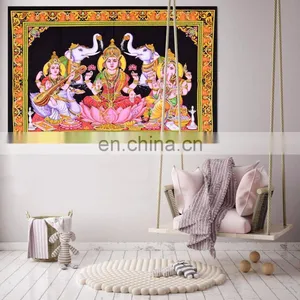 Indian Handmade Ethnic Poster Tapestry Throw Cotton Goddess Lakshmi Design Meditation Wall Hanging Poster thumbnail-1