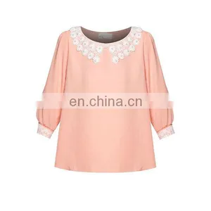 Custom Chiffon Blouse With Lace Flat Collar Half Sleeves Women Shirts and Tops thumbnail-5