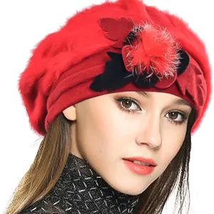 Lady French Beret 100% Wool Beret Floral Dress Beanie Winter Hat thumbnail-1