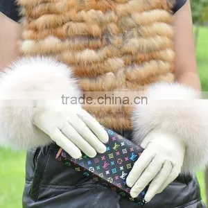 Top Luxury Fashion Desgin Beautiful Fox Fur Wrist Ladies Sheepskin Leather Gloves thumbnail-3