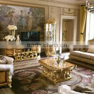 Royal Castle Glass Entertainmen Unit Inlaid Wood Veneer, Carved Wooden Living Room Furniture TV Cabinet Set thumbnail-1