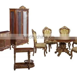 Royal Design Home Furniture Round Dinning Table With Six Chairs, Hand Carved Wood Dinning Room Set thumbnail-1