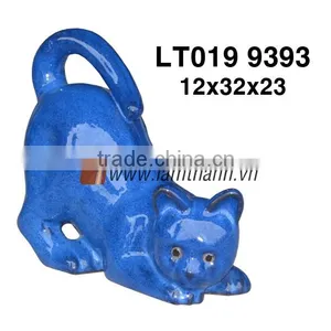 Ceramic Glazed Blue Garden Ornament Cat Statue thumbnail-1