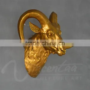Hiagh Quality Crafts Life Fiberglass Golden Sheep Head Wall Hanging Statues for Home Decor thumbnail-1