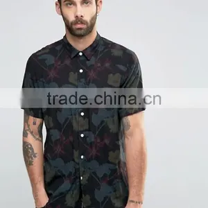 Guangzhou High Quality Custom Short Sleeve Point Collar Mens 100% Cotton Dobby Casual Printed Pattern Shirts thumbnail-1