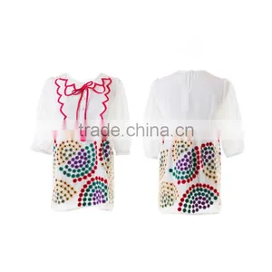 Lotus Leaf Collar Mid-long Sleeve Water Printing Blouse for Lady thumbnail-1