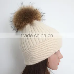 Myfur Wholesale Classic Beige Angola Rabbit Custom Knitted Pom Beanie Hat With Fur Pom thumbnail-1