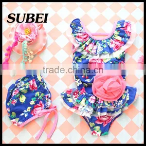 Children Swimwear Piece Swimsuit Girls Swimming Cap Swimming Beach With Floral Dress thumbnail-3