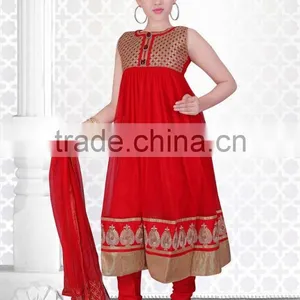 Red Color With Zari Net Design at Neck Anarkali Salwar Kameez Sizzling Girls Ready Made thumbnail-1