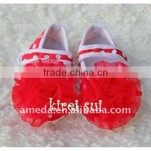 Baby Girl Red White Polka Dots Crib Shoes With Red Rosettes GSM202 thumbnail-1