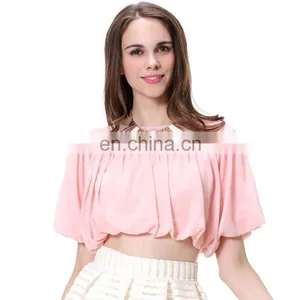 Women's Pleated Puff Sleeve 2016 Chiffion Tops Fitted Fashion Shirt thumbnail-5