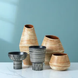 Large Tall Stripe Ceramic Flower Arrangement Vase For Balcony Garden Study Decoration thumbnail-1