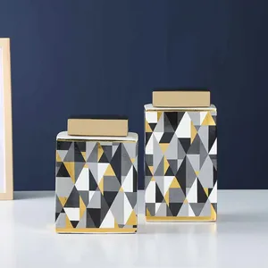 Nordic Style Creative Household Decoration Geometry and Tree Painting Cube Ceramic Flower Vase As Table Storage Jar With Lid thumbnail-2