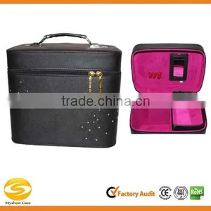 Black Leather Cosmetic Box With Mirror Makeup Carry Case thumbnail-1