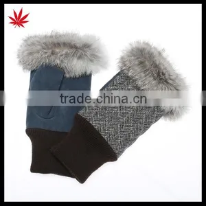 Women's Fashion Fingless Suede Leather Gloves With Rabbit Fur thumbnail-1
