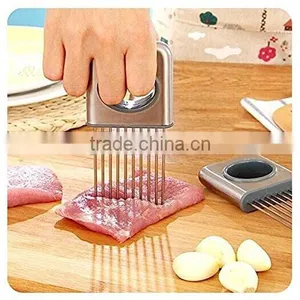 Onion Holder Vegetable Potato Cutter Slicer Gadget Stainless Steel Fork Slicing Odor Remover Kitchen Tool (Stainless Steel) thumbnail-3