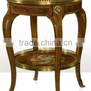 Vintage Natural Wood Carved Coffee Table With Brass Pedestal Handmade Marquetry Round Side Table Castle Living Room Furniture thumbnail-2