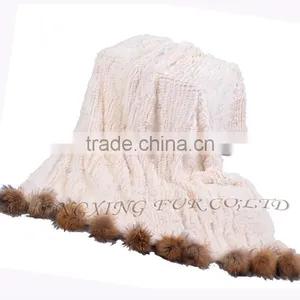 CX-D-108 Hand Knitted Super Cream Real Rex Rabbit Fur Throw Blanket thumbnail-2