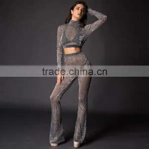 Runwaylover 084 Europe Style Ladies Two Piece Suits , Women Sexy Turtleneck Crop Top And Transparent Casual Pants thumbnail-4