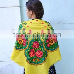 Vintage Ukrainian Shawl, Russian Floral Scarf ,russian Shawl, Floral Scarf, Head Scarf, Beautiful Shawl, Yellow, Babushka Russia thumbnail-2
