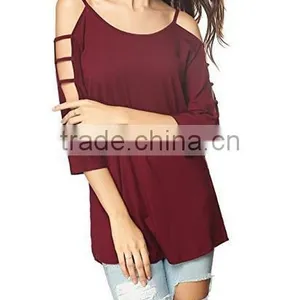 Women's 100% Cotton Comfort Colors TShirts in Bulk Hollowed Out Shoulder Three Quarter Sleeve thumbnail-3