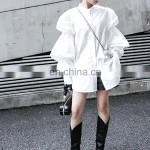 Fashion Puff Sleeve Shirts Women Blouse Buttons Casual Loose Solid Party Tops Long Sleeve Work Blusas Femininas Plus Size thumbnail-1